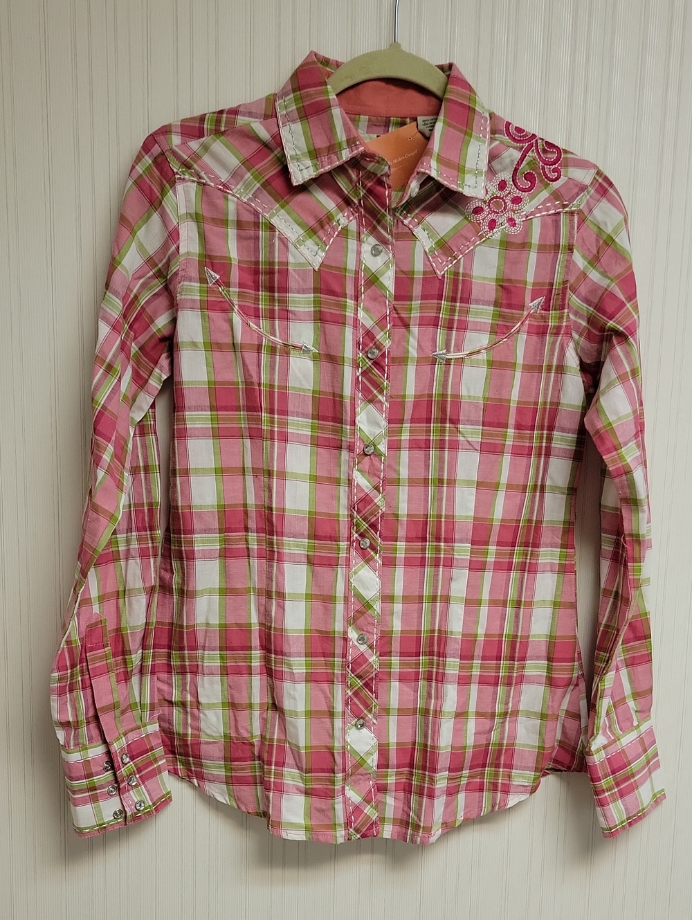 Resistol Pink Plaid Western Shirt with Embroidered Yoke XS Western Cowboy New
